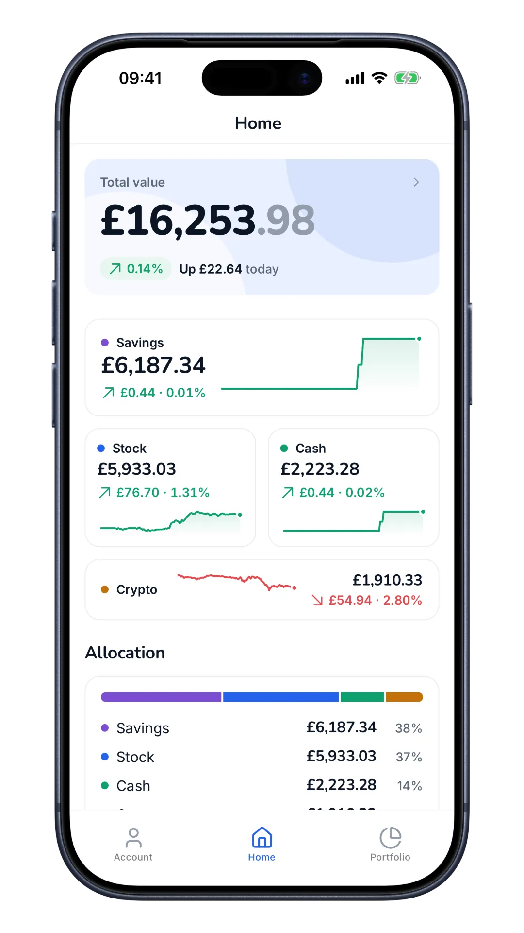Finon home screen showing total value with savings, stocks, cash and crypto